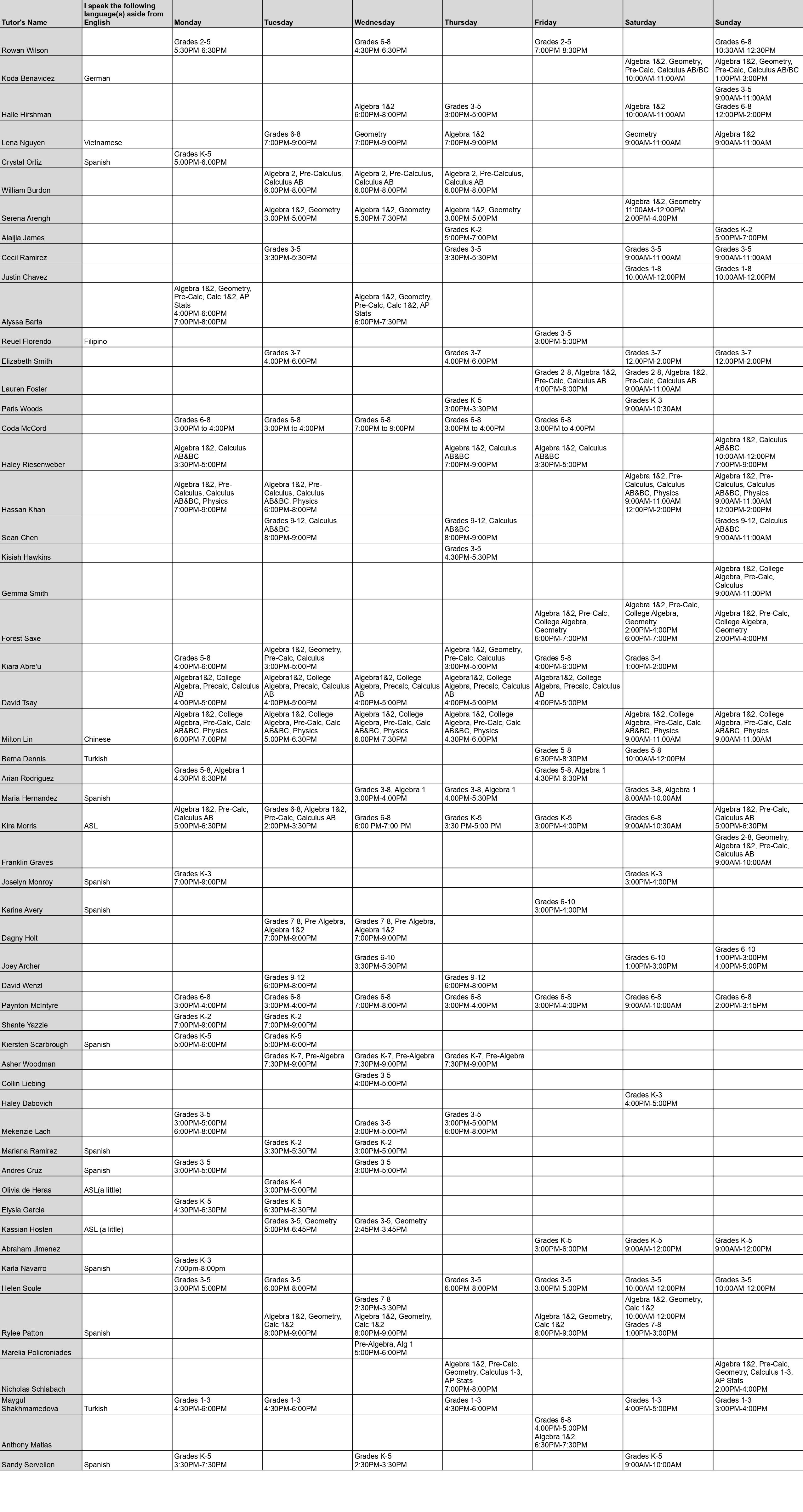 Fall 2023 Zoom Tutor Schedule