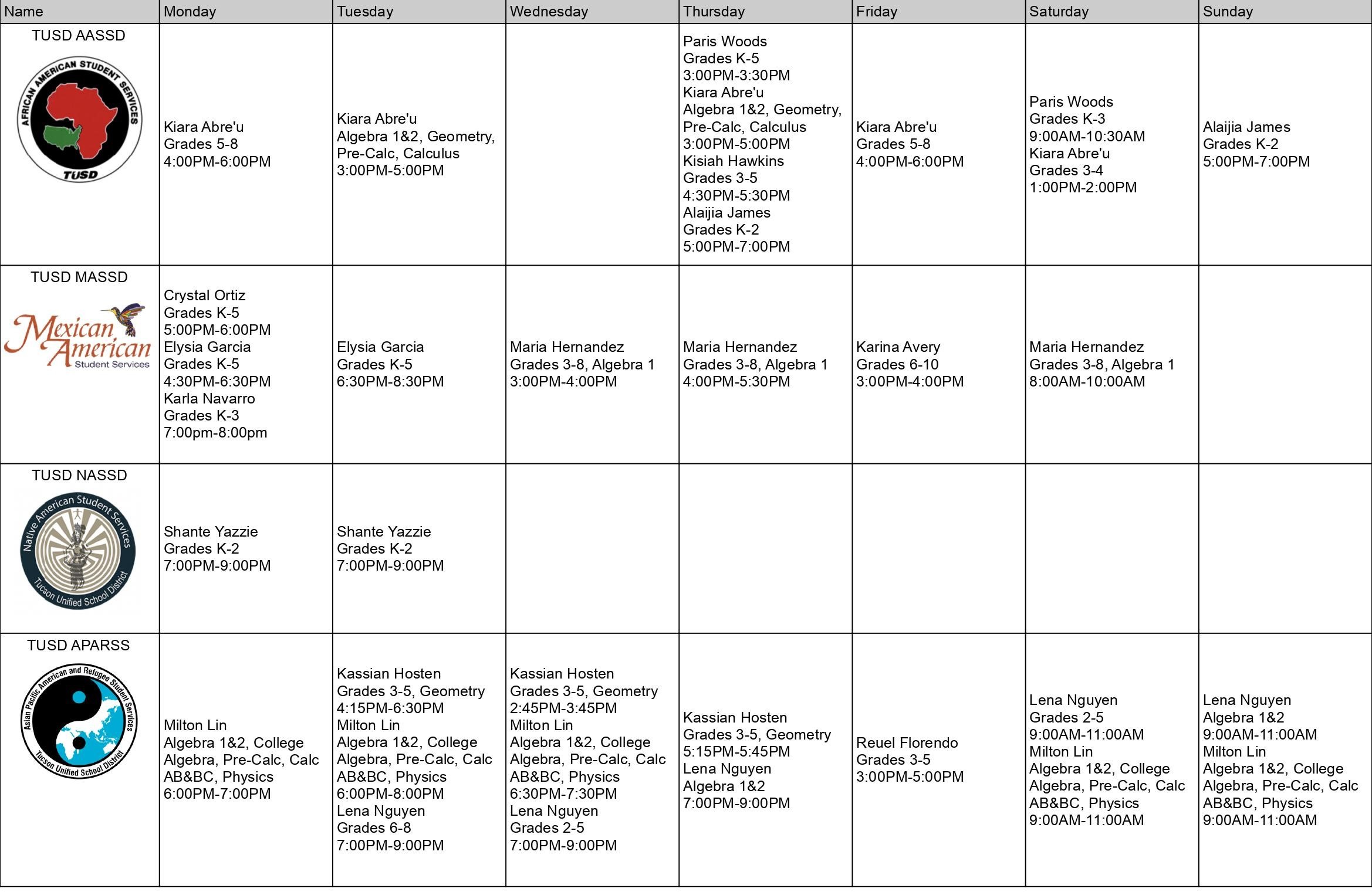 Fall 2023 Specialized Zoom Tutoring Schedule